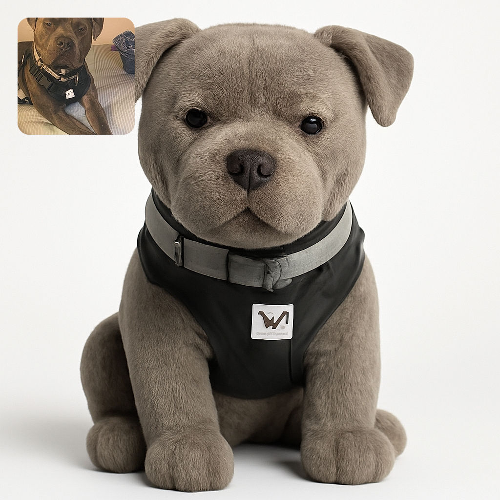 A large, muscular dog with a serious expression lounges on a striped bedspread, wearing a sturdy black harness and collar with a tag. The background is simple, featuring a folded blue cloth or towel on the bed, creating a cozy indoor setting.