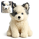 A fluffy puppy with striking blue eyes and black-and-white fur stares curiously at the camera while sitting on a wooden surface outdoors, looking a bit dusty but adorable.