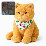 A blurry and dimly lit photo of a ginger cat curled up on a colorful patterned blanket, looking like it's ready for a nap but the camera forgot to focus.