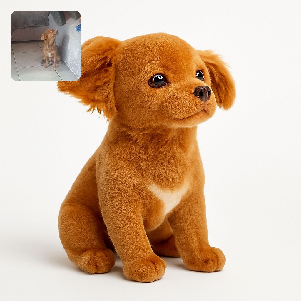 A small brown dog sits attentively on a tiled floor, gazing up at a pair of gloved hands dangling above it, possibly waiting for a treat or a command. The background features a gray couch and a gray wall, with a blue cloth casually draped nearby.