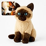 A fluffy Siamese cat with striking blue eyes lounges comfortably on a cozy fabric surface, gazing curiously at the camera. The warm-toned tiled floor and furniture in the background add a homely touch to this candid moment.