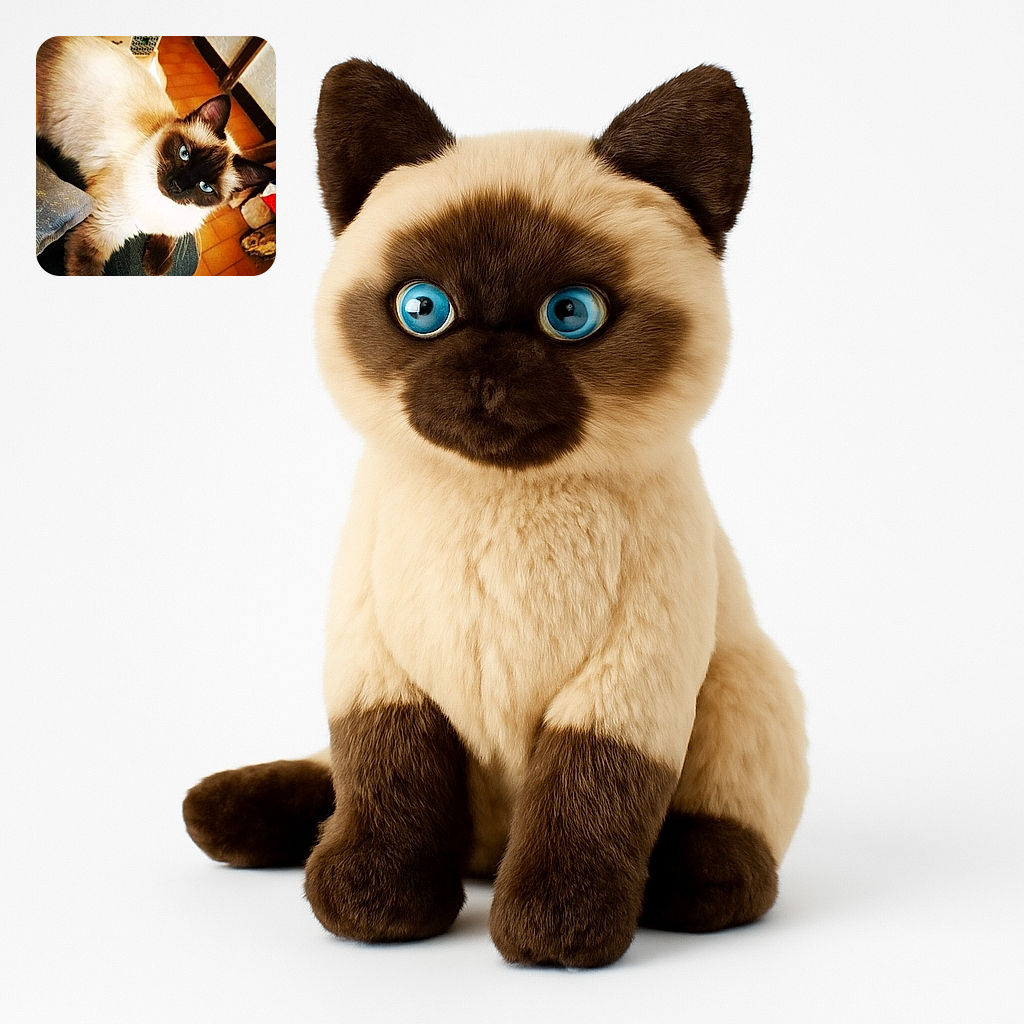 A fluffy Siamese cat with striking blue eyes lounges comfortably on a cozy fabric surface, gazing curiously at the camera. The warm-toned tiled floor and furniture in the background add a homely touch to this candid moment.