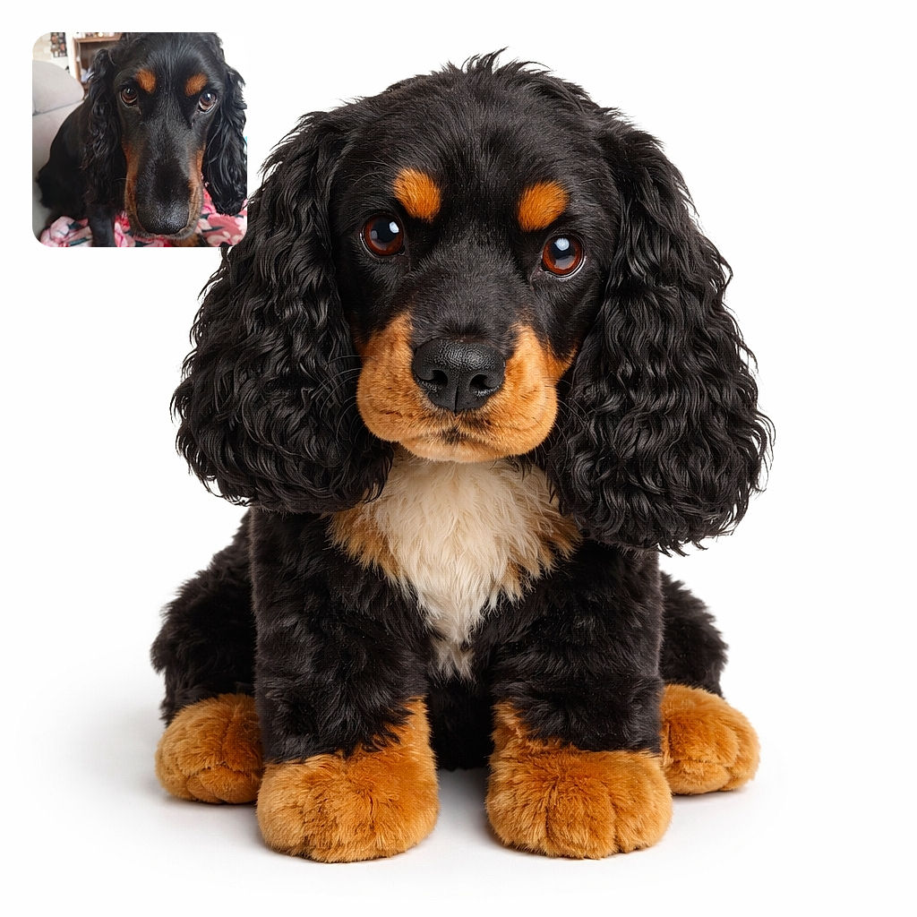 A close-up photo of a curious black and brown dog with expressive eyes looking directly at the camera, sitting on a pink floral blanket with a cozy indoor background.