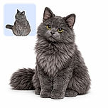 A fluffy gray cat with bright yellow eyes sits serenely against a plain light blue background, looking slightly to the side with a calm and curious expression, as if pondering the mysteries of the universe.