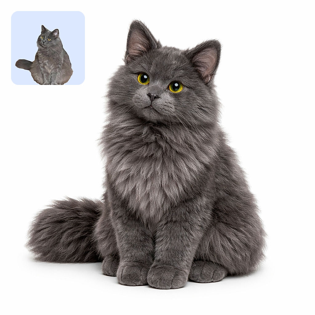 A fluffy gray cat with bright yellow eyes sits serenely against a plain light blue background, looking slightly to the side with a calm and curious expression, as if pondering the mysteries of the universe.