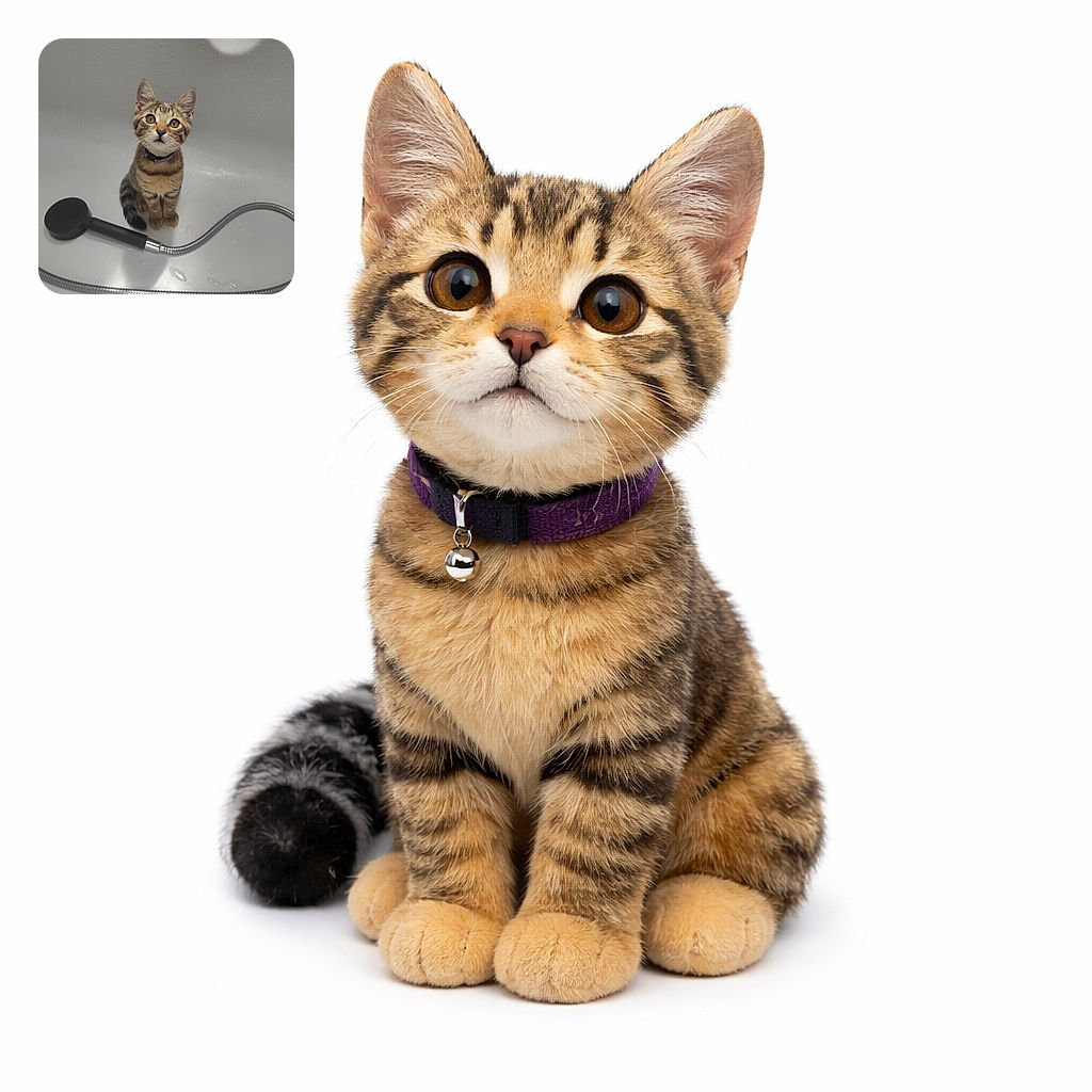 A curious little tabby kitten sits attentively in a bathtub next to a black showerhead, with water droplets decorating the smooth white surface, looking up with wide eyes as if plotting its next mischievous adventure.