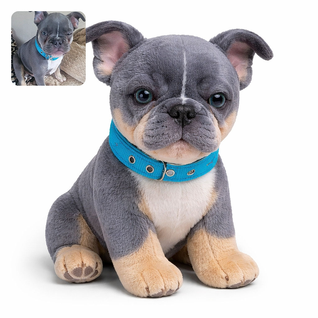 A cute gray and tan puppy with a blue collar is sitting on a cozy beige blanket, giving a charming wink as if sharing a secret joke with the camera.
