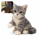 A cozy gray tabby cat lounges on a rustic wooden windowsill, basking in the warm sunlight filtering through the window screen. The cat's paw rests casually on a curved wooden handle, giving off an air of relaxed curiosity as it gazes at the camera. The background shows a glimpse of greenery outside and some household items, including a pink eraser labeled 'Pink Eraser,' adding a touch of everyday charm.
