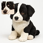 A close-up shot of a black and white dog lying on a tiled floor, looking upwards with soulful brown eyes, capturing a moment of calm and contemplation.