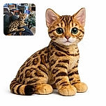 A stunning Bengal kitten with striking blue eyes lounges comfortably on someone's lap, its leopard-like spots vivid and sharply detailed against a cozy indoor backdrop filled with furniture and household items.