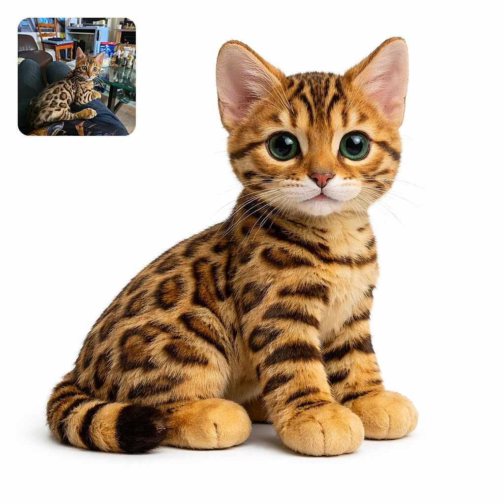 A stunning Bengal kitten with striking blue eyes lounges comfortably on someone's lap, its leopard-like spots vivid and sharply detailed against a cozy indoor backdrop filled with furniture and household items.