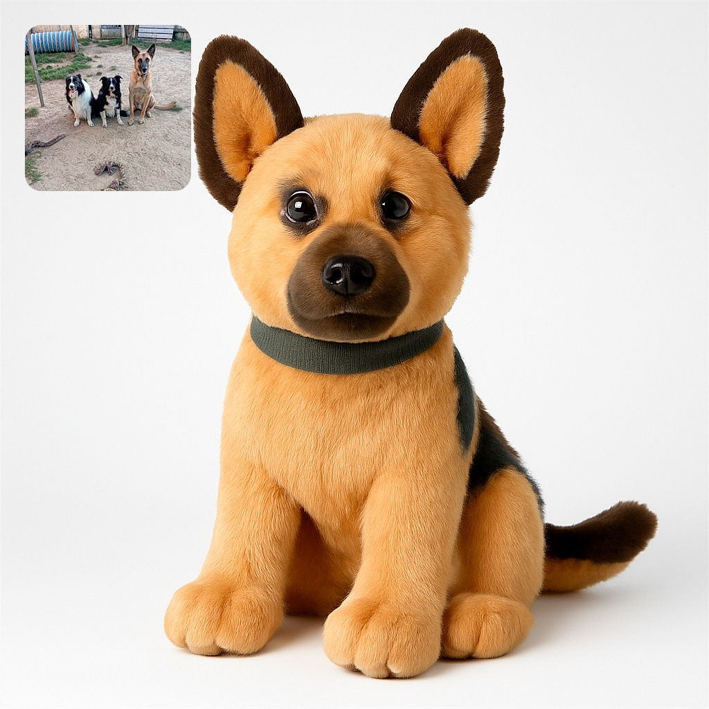 Three dogs patiently pose in a slightly blurry outdoor yard setting, surrounded by play equipment and toys scattered on the dusty ground.