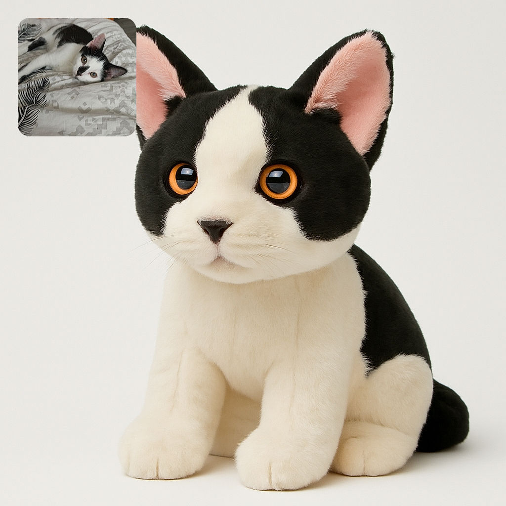 A cute black and white cat lounges lazily on a patterned bedspread, its eyes wide and curious as it gazes toward the camera. The cozy bedroom setting includes a wooden bed frame and a chair in the background, creating a relaxed and homey atmosphere.