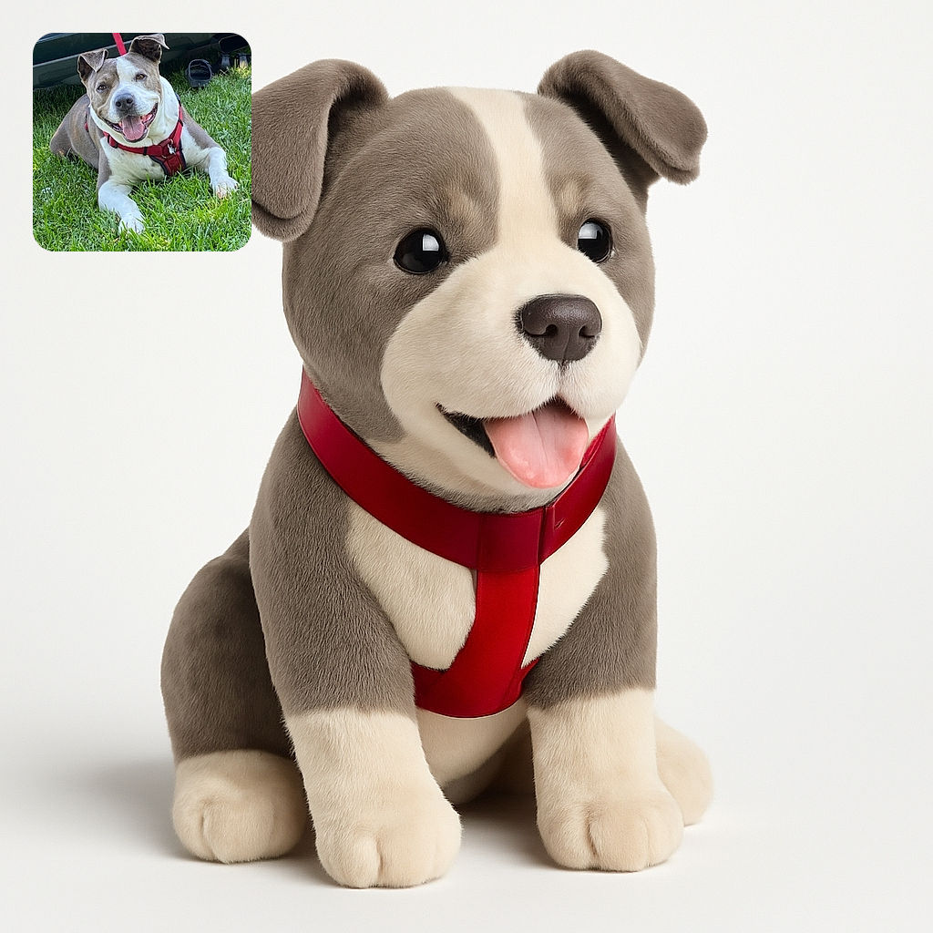 A happy dog with a red harness lies contentedly on lush green grass, tongue out and ears perked, ready for a fun day outside. Behind, a vehicle bumper and a pair of sandals add a casual backyard vibe.