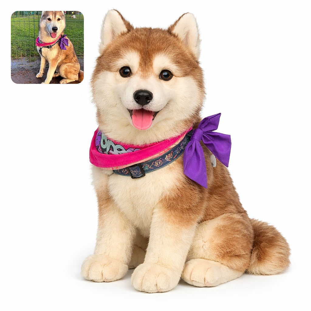 A joyful husky sitting proudly with a purple bow and pink bandana, tongue out and muddy paws showing it just finished an adventure in the park—stoic ears, fluffy fur, and a face that clearly expects treats.