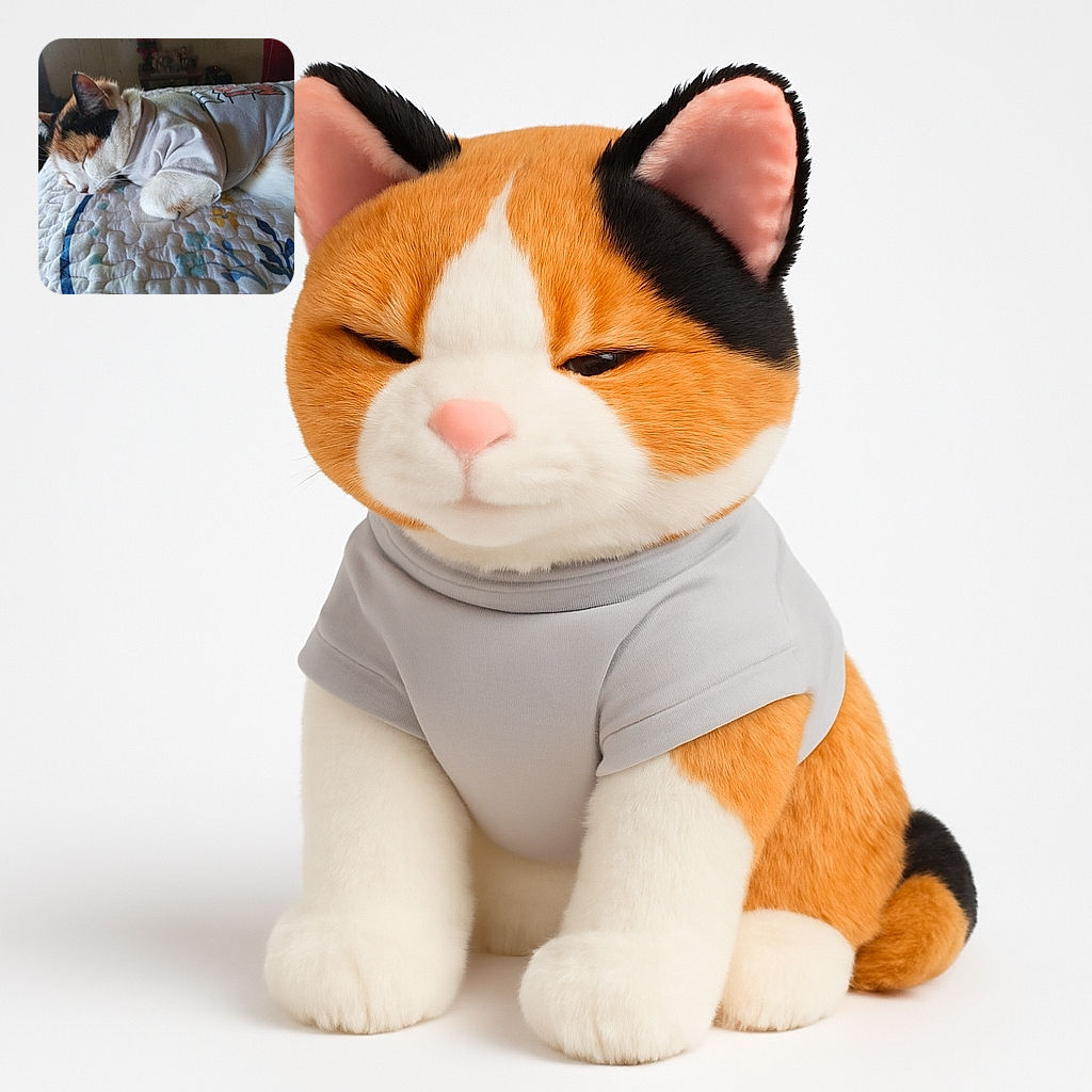 A cozy calico cat wearing a light-colored shirt is peacefully napping on a patterned quilt, with soft natural light giving a warm, sleepy vibe to the scene.