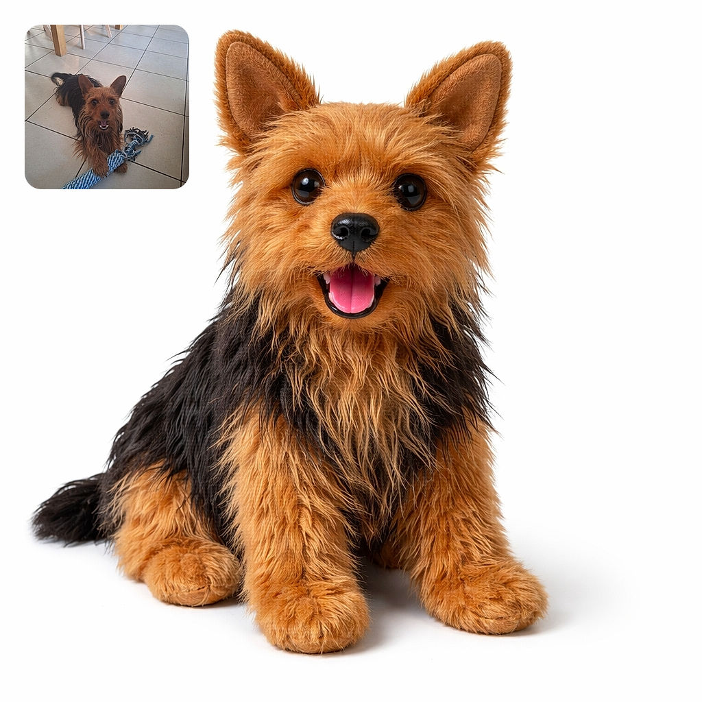 A happy, scruffy dog with big ears is lying on a tiled floor, gripping a blue and white rope toy with its paws, looking excited and ready to play. The background shows wooden chair legs and a doorway, giving a cozy indoor vibe.