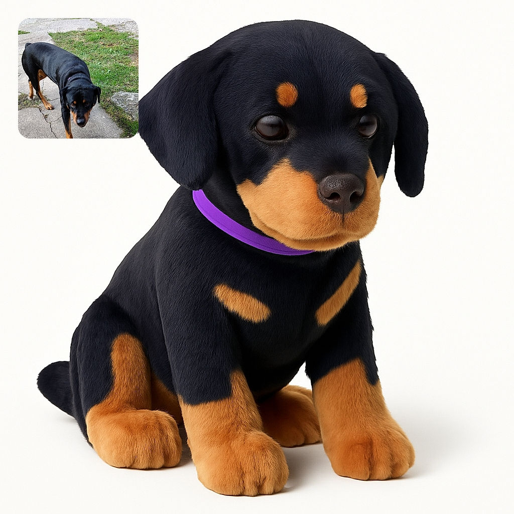 A curious Rottweiler dog walks cautiously on a cracked concrete path with a green leafy hedge and grass in the background, looking directly at the camera with a slightly blurry face as if caught mid-step.