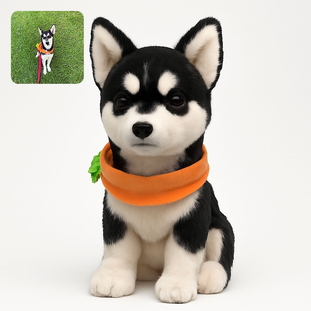 A charming black and white dog wearing an orange bandana sits obediently on lush green grass, looking up with a calm and curious expression, a bright red leash trailing in front.