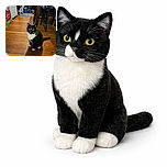 A curious tuxedo cat with striking yellow eyes sits attentively on a warm wooden floor in a cozy kitchen setting, surrounded by everyday household items and furniture, casting a soft shadow.