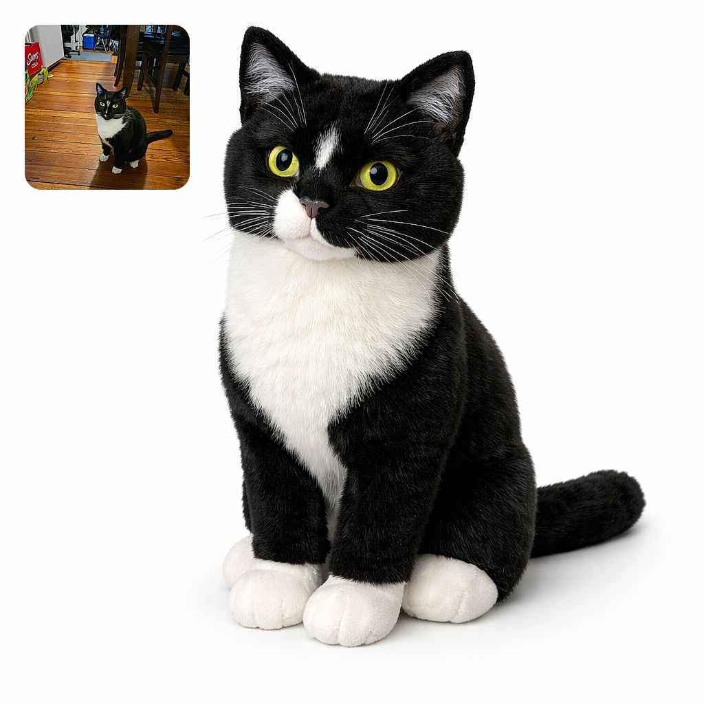 A curious tuxedo cat with striking yellow eyes sits attentively on a warm wooden floor in a cozy kitchen setting, surrounded by everyday household items and furniture, casting a soft shadow.