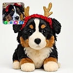 A close-up photo of a dog wearing glittery golden antlers with red accents, looking adorably festive against a cozy knitted background. The dog's expressive eyes and fluffy fur make it the star of this holiday-themed snapshot, perfect for spreading seasonal cheer.