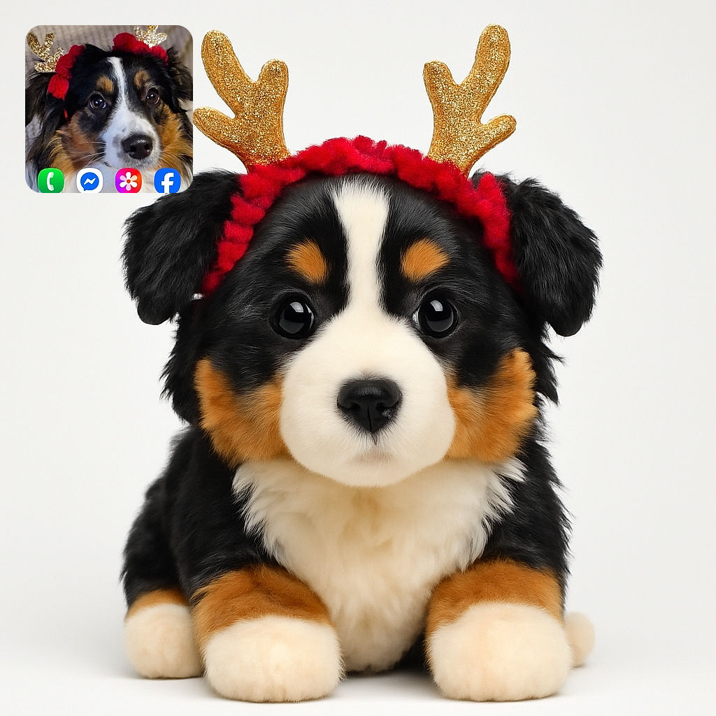 A close-up photo of a dog wearing glittery golden antlers with red accents, looking adorably festive against a cozy knitted background. The dog's expressive eyes and fluffy fur make it the star of this holiday-themed snapshot, perfect for spreading seasonal cheer.