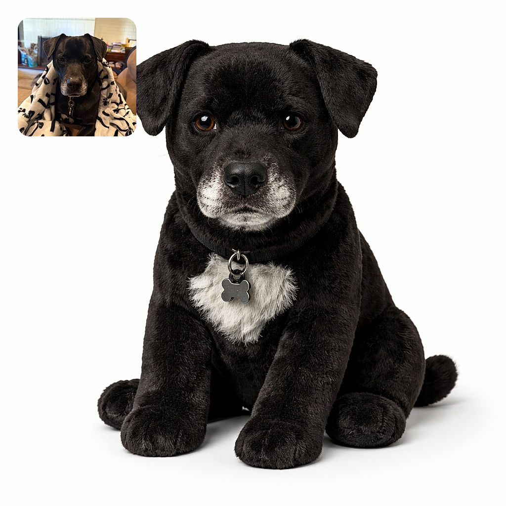 A dignified black dog wrapped snugly in a cozy white blanket adorned with playful bone and paw prints, sitting comfortably on a couch with a softly blurred living room background featuring a fireplace and shelves.