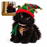 A black cat with striking yellow eyes is lounging on a beige textured couch, wearing a festive green and red jester hat with gold bells, looking curiously to the side with soft natural light coming from a nearby window.