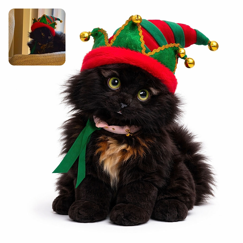 A black cat with striking yellow eyes is lounging on a beige textured couch, wearing a festive green and red jester hat with gold bells, looking curiously to the side with soft natural light coming from a nearby window.