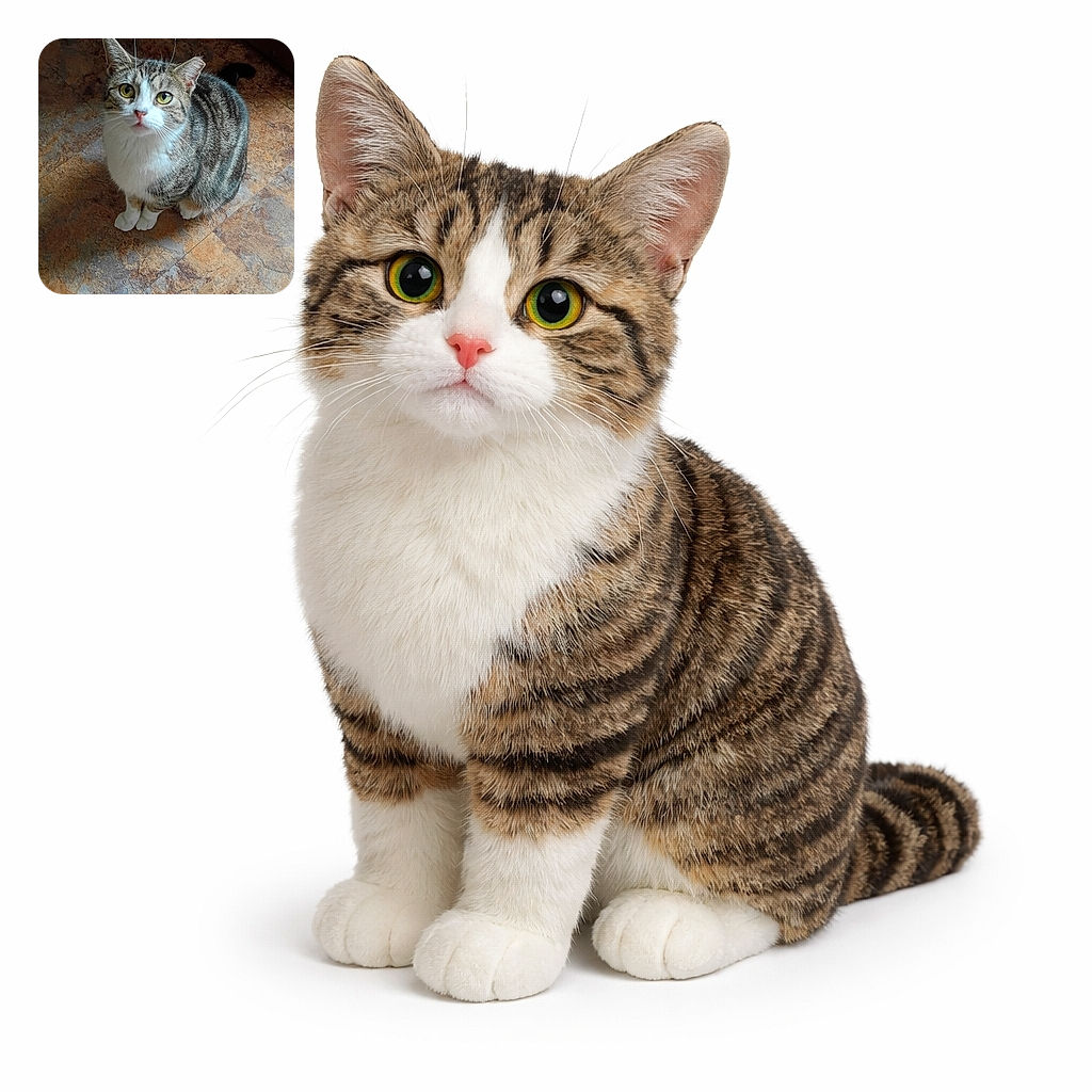 A pint-sized tabby loaf stares up with enormous yellow eyes and forward-whiskers as if negotiating breakfast — sitting primly on a mottled kitchen tile, tail curled, looking every bit like a furry diplomat demanding snacks.