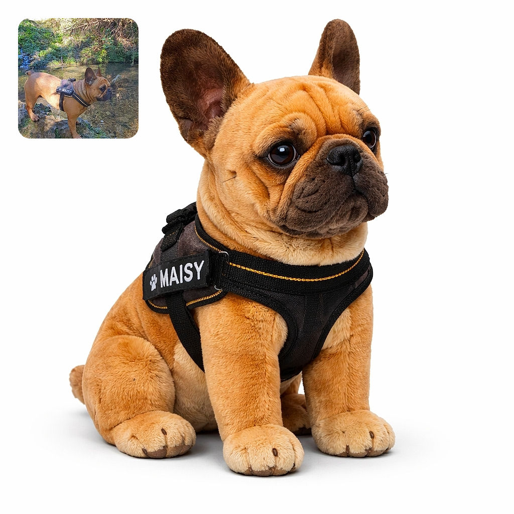 A stocky French bulldog in a harness labeled 'MAISY' stands on a mossy rock at the edge of a clear shallow stream, ears pricked and expression solemn as if officiating over nature's tiniest council. Sunlight dapples the water and the leafy riverbank in the background, while the pup contemplates whether to splash or remain dignified.