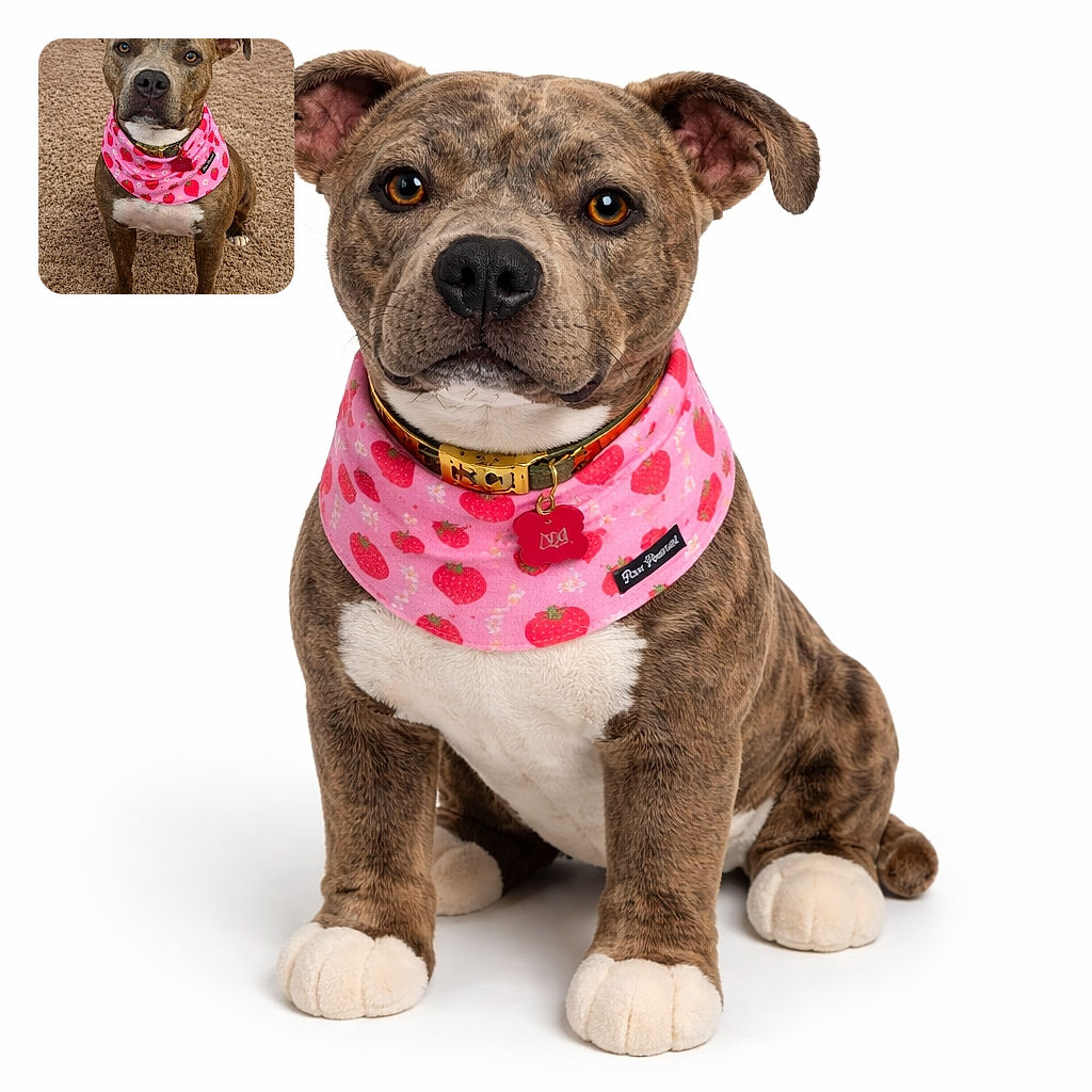 A charming dog with a brindle coat poses indoors on a beige carpet, wearing a bright pink bandana decorated with strawberries, looking attentively at the camera with soulful eyes.