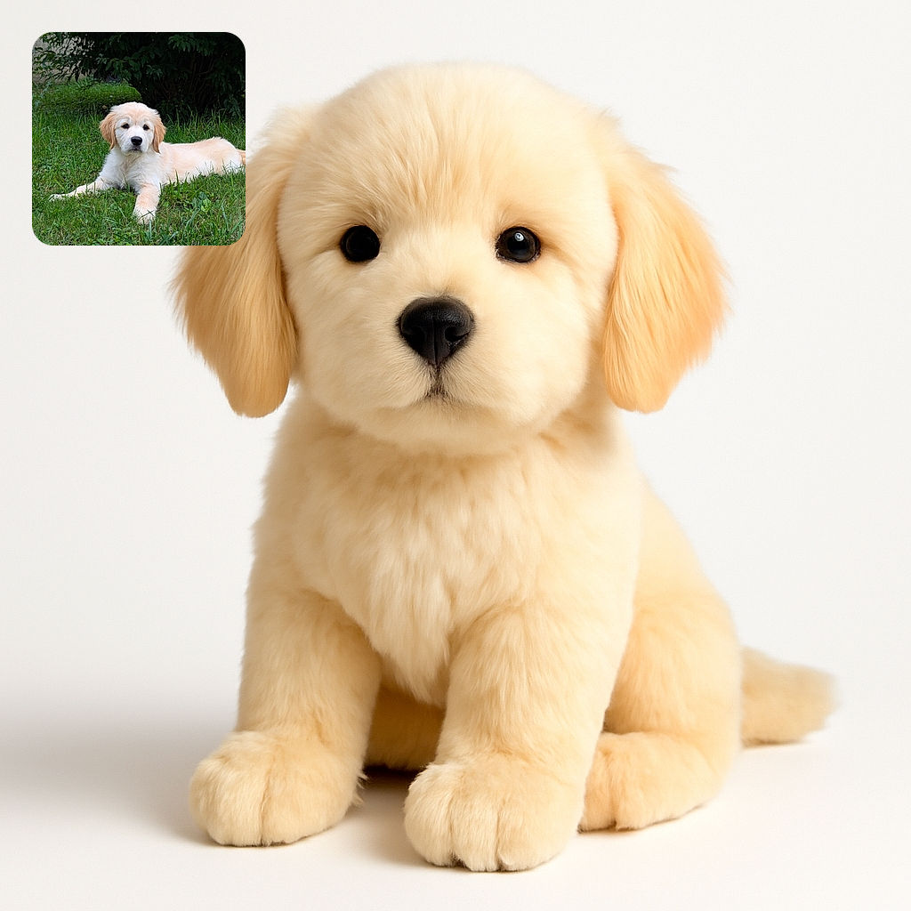 A fluffy golden retriever puppy lounges calmly on a lush green lawn with a backdrop of leafy bushes, looking curiously at the camera with soft, soulful eyes.