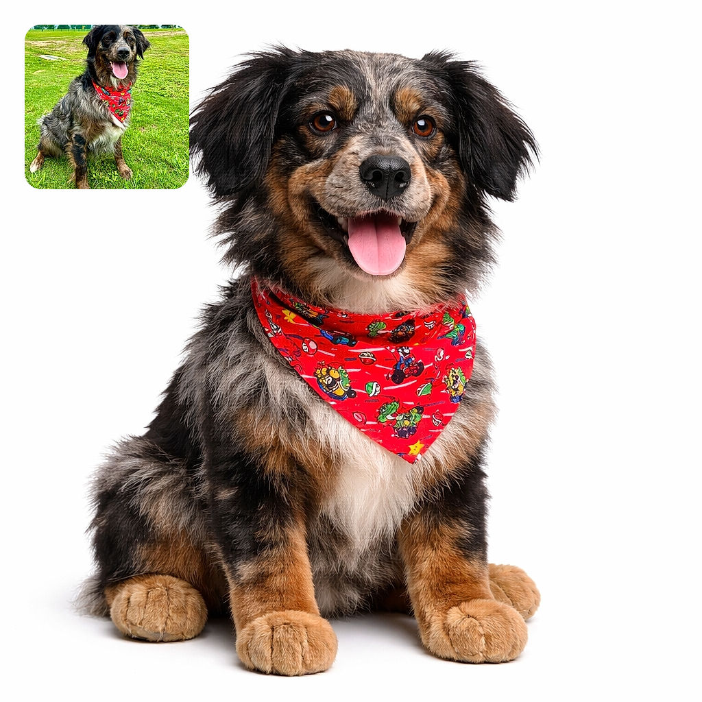 A happy dog with a colorful red bandana sits proudly on lush green grass under a partly cloudy sky, looking directly at the camera with tongue out and ears perked up, radiating pure joy and friendliness.