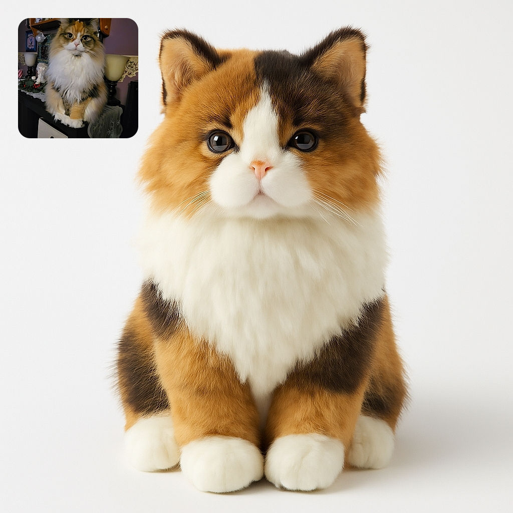 A majestic fluffy cat sits regally on a piece of furniture, looking directly at the camera with wide, curious eyes. The background shows cozy home decor including framed photos and lamps, adding a warm and inviting atmosphere to the scene.