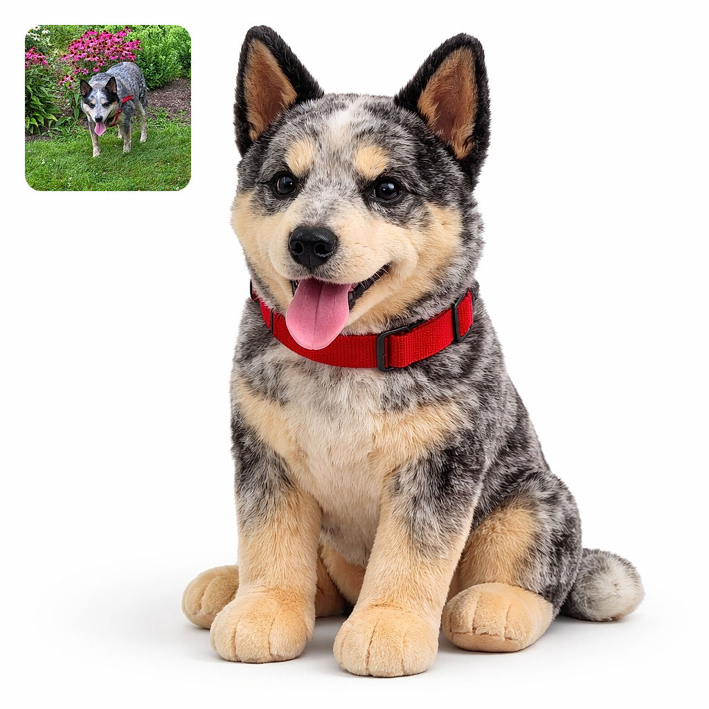 A happy dog with a red harness stands on lush green grass in front of a vibrant flower bed filled with pink and white blossoms, looking like it's enjoying a sunny garden stroll.
