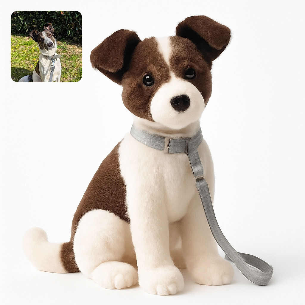 A charming dog with a curious head tilt sits obediently on a sunny patch of grass dotted with yellow flowers, leash in tow, surrounded by lush green bushes that frame this adorable outdoor moment.