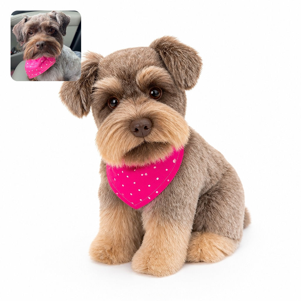 A scruffy little dog sits in a car wearing a neon-pink polka-dot bandana, staring into the camera like a stern canine detective who has just discovered the treat budget is missing.