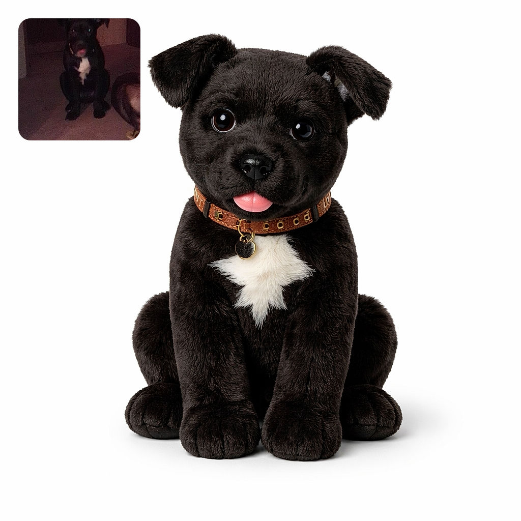 A grainy, low-light portrait of a black dog with a white chest patch sitting like a tiny, serious bouncer — tongue peeking out and eyes reflecting green like it knows a secret. The background is dim hallway and a pet bed is visible to the side; overall looks cozy but captured with a phone that forgot how to focus.