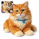 A majestic fluffy orange cat lounges on a textured purple surface, staring intently with striking green eyes and a regal expression, as if plotting world domination or just demanding treats.