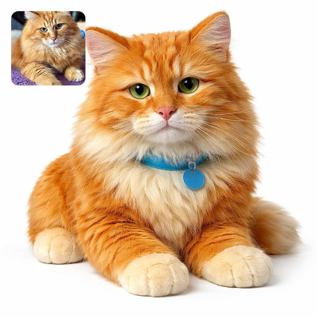 A majestic fluffy orange cat lounges on a textured purple surface, staring intently with striking green eyes and a regal expression, as if plotting world domination or just demanding treats.