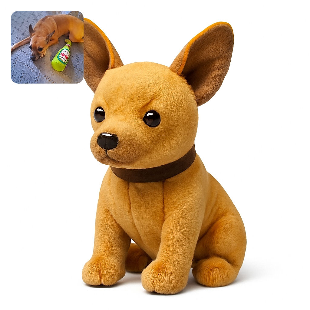 A small tan dog lies on a patterned blanket looking thoughtfully to the side, next to a bright green plush toy shaped like a beer bottle labeled 'Dos Patas Cerveza'. The cozy setting and the dog's calm expression make for a charming, casual snapshot.