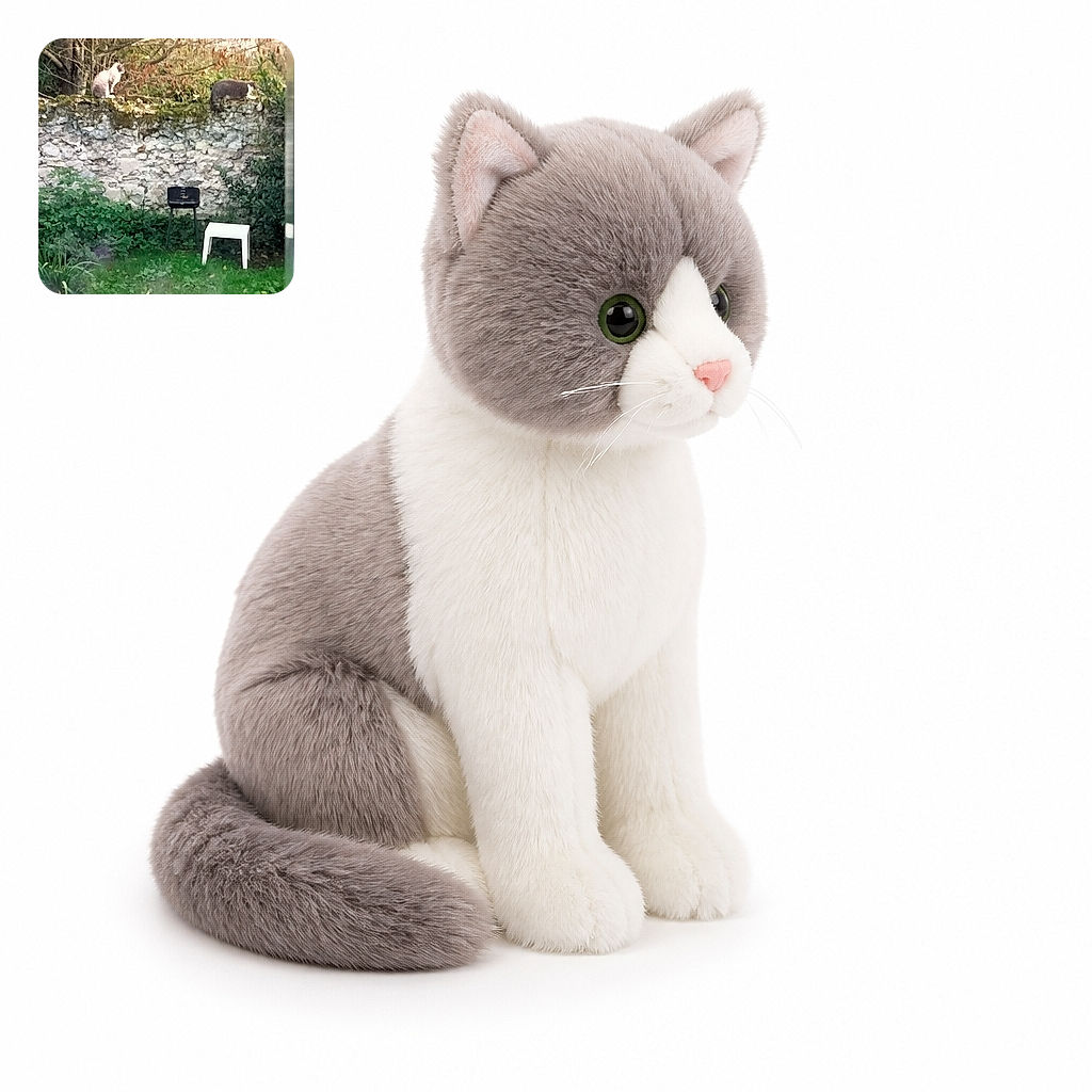 Two cats are having a quiet garden summit on the stone wall, while a tiny black grill and a white stool stand nearby like the official furniture for their outdoor board meeting. The scene is viewed through a window, complete with a blurry flower cameo in the foreground.
