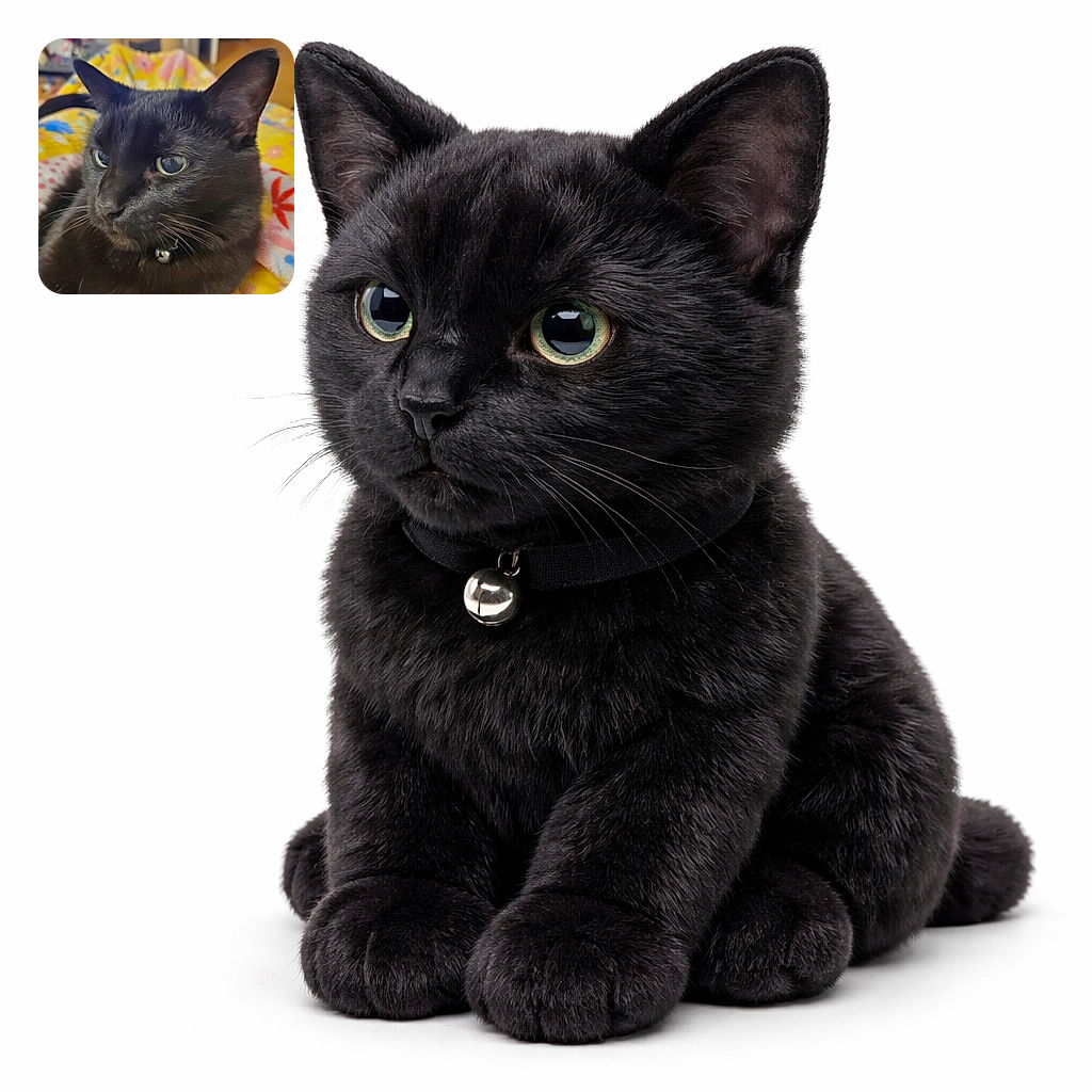 A close-up shot of a sleek black cat with shiny fur and striking green eyes, lounging comfortably on a colorful floral blanket. The cat wears a small bell collar, adding a charming touch to its relaxed pose. The background is softly blurred, highlighting the cat's calm and contemplative expression.