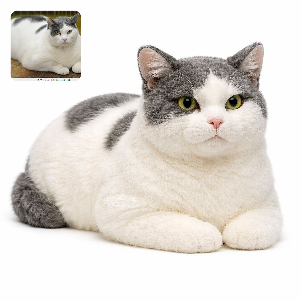 A very round, unimpressed cat loafing like a furry pillow — white with gray patches, green eyes glaring like a tiny boss, sitting on a carpet in front of a cage. The photo captures the cat's majestic chonk and deadpan expression; it's equal parts adorable and hilarious.