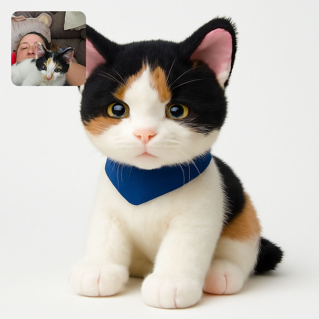 A cozy scene where a person is lying on a couch with a fluffy pillow behind, while a curious calico kitten lounges on their chest, staring directly at the camera with wide eyes, creating an adorable and heartwarming moment.