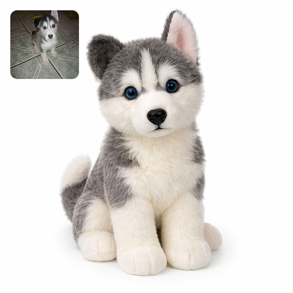 A fluffy husky puppy sitting on a tiled floor looking up with one ear perked and the other flopped, giving an irresistibly cute and curious expression.