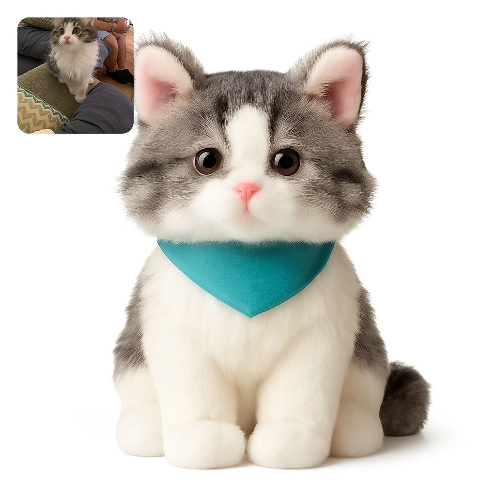 A fluffy gray and white kitten with big curious eyes is perched on a couch, looking slightly blurry as if caught mid-move. In the background, a person is sitting casually, focused on their phone, adding a cozy indoor vibe to the scene.