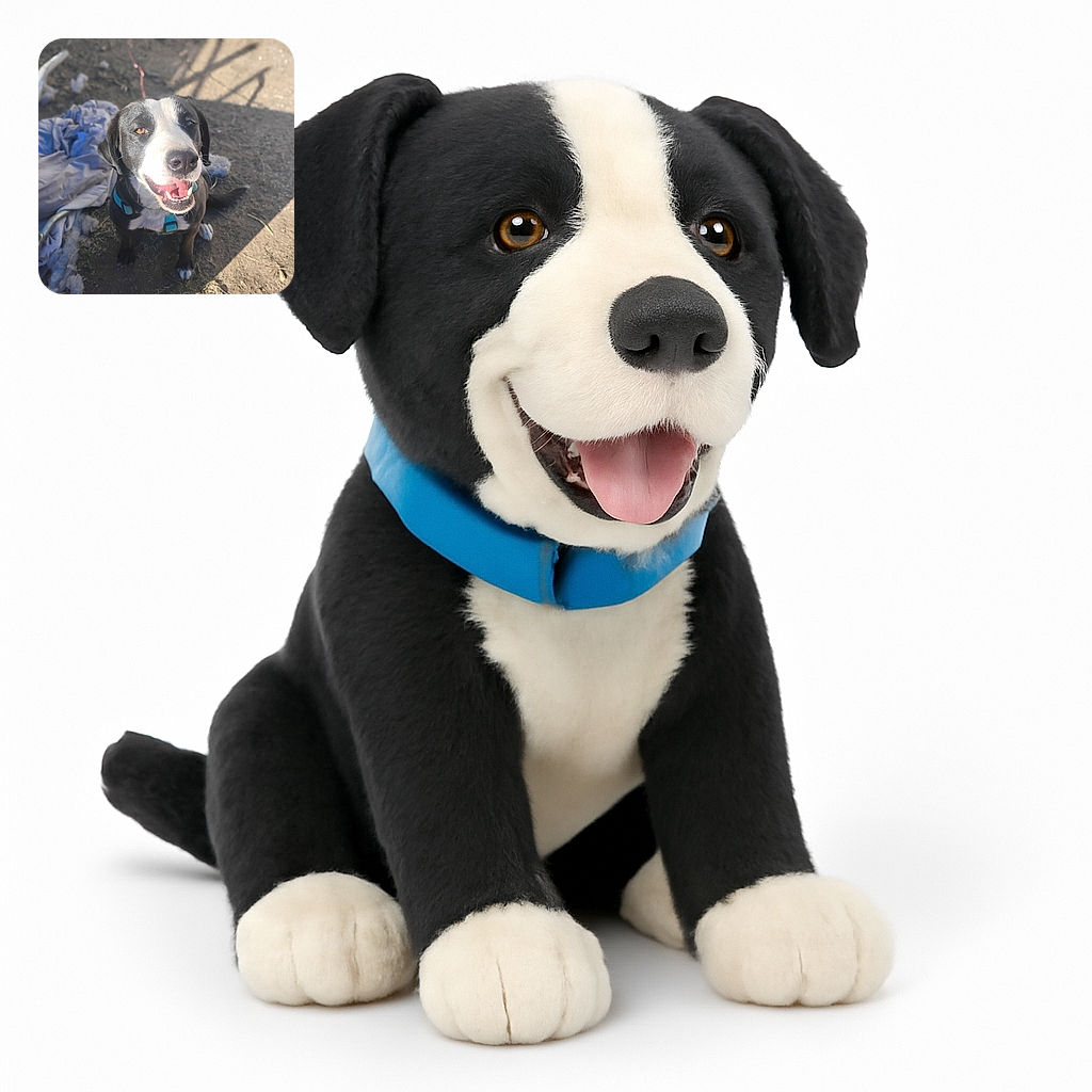 A cheerful black and white dog with a bright blue harness sits outdoors on a dirt ground, smiling happily with its mouth open, surrounded by some scattered fabric and shadows.